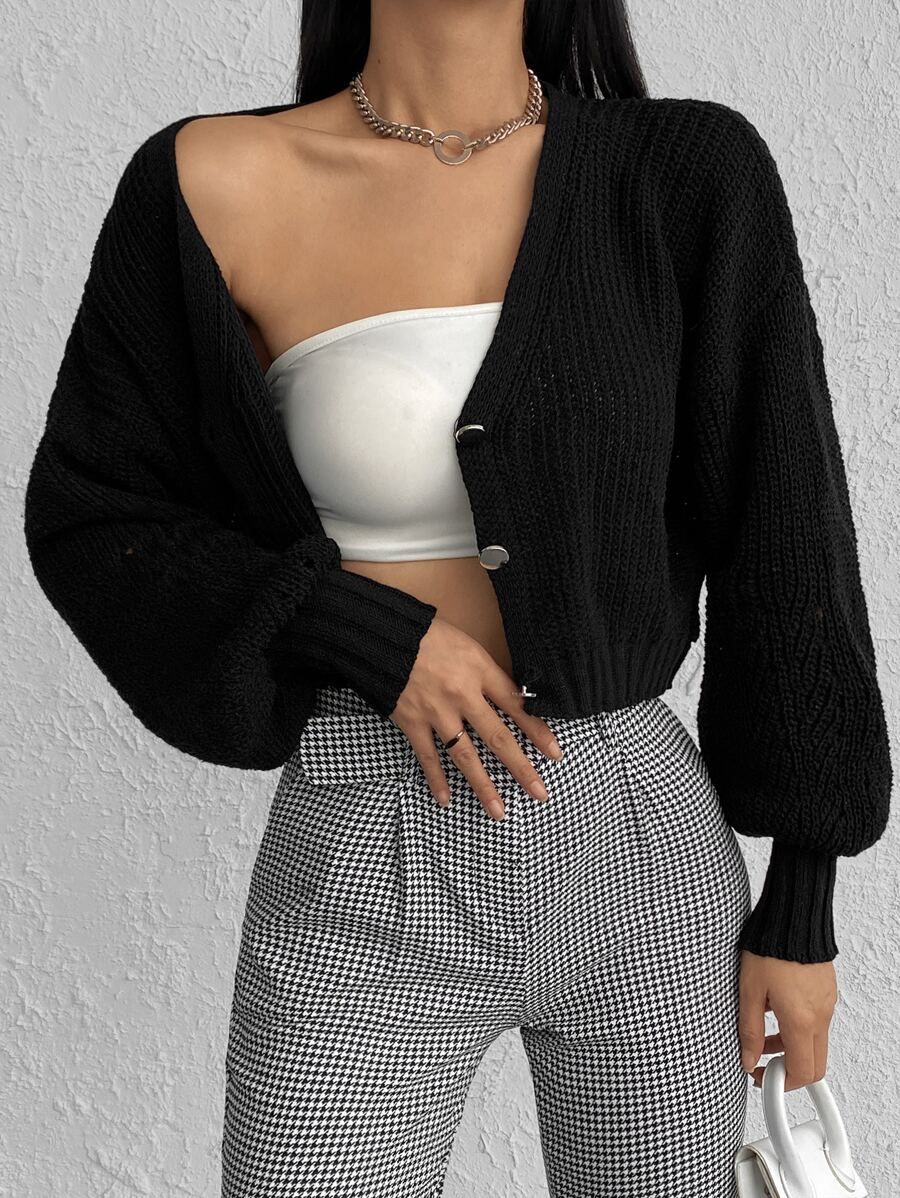 RueChic Lantern Sleeve Button Front Cardigan - Black - View 1