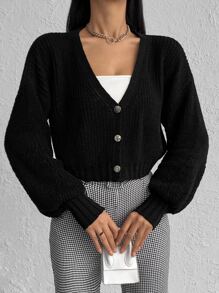 RueChic Lantern Sleeve Button Front Cardigan - Black - View 3