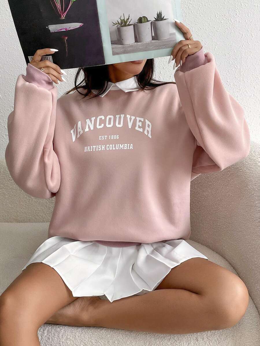 SHEIN EZwear Áo chui đầu vai trễ cổ họa tiết chữ tương phản, áo dài tay tốt nghiệp, trang phục trở lại trường, tốt nghiệp, trang phục giáo viên nữ, trở lại trường vào mùa thu/đông - Bụi hồng - Xem 1