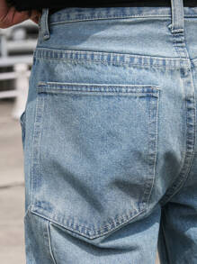 Claim Dot 男士純色口袋寬鬆牛仔褲 - 淺色水洗藍 - 查看 5