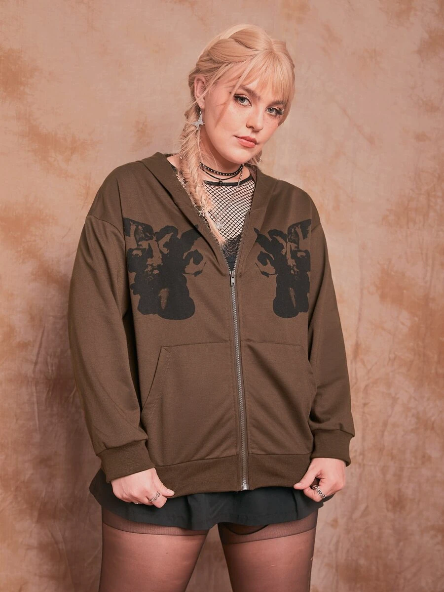 ROMWE Plus Angel Graphic Drop Shoulder Zip Up Hoodie - Coffee Brown - View 1