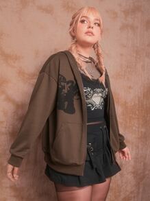 ROMWE Plus Angel Graphic Drop Shoulder Zip Up Hoodie - Coffee Brown - View 3