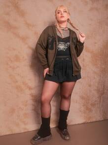 ROMWE Plus Angel Graphic Drop Shoulder Zip Up Hoodie - Coffee Brown - View 5