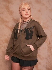 ROMWE Plus Angel Graphic Drop Shoulder Zip Up Hoodie - Coffee Brown - View 6