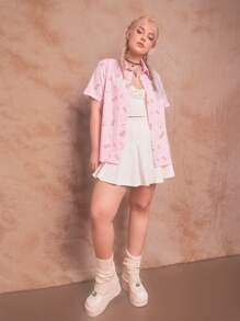 ROMWE Kawaii Plus Strawberry Print Button Front Shirt - Pink - View 4