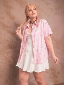 ROMWE Kawaii Plus Strawberry Print Button Front Shirt - Pink - View 5