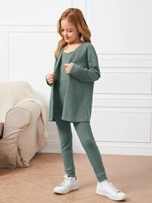 SHEIN Girls Waffle Knit Jumpsuit & Coat - Mint Green - View 3