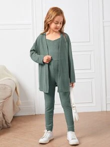 SHEIN Girls Waffle Knit Jumpsuit & Coat - Mint Green - View 5