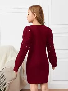 SHEIN Girls Pearls Beaded Puff Sleeve Form Fitted Dress - Burgundy - View 2