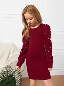 SHEIN Girls Pearls Beaded Puff Sleeve Form Fitted Dress - Burgundy - View 4