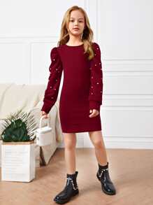 SHEIN Girls Pearls Beaded Puff Sleeve Form Fitted Dress - Burgundy - View 5