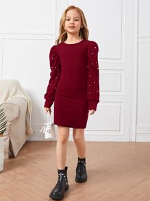 SHEIN Girls Pearls Beaded Puff Sleeve Form Fitted Dress - Burgundy - View 6
