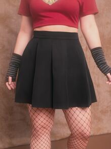 ROMWE Kawaii 大碼高腰百褶半身裙 - 黑色 - 查看 1