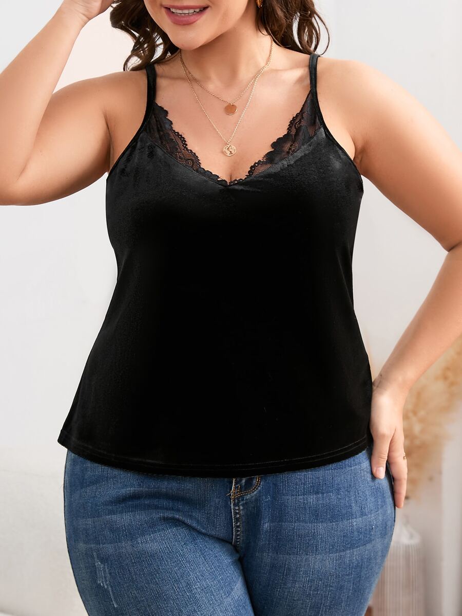 Plus Lace Trim Velvet Cami Top - Black - View 1