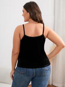 Plus Lace Trim Velvet Cami Top - Black - View 2