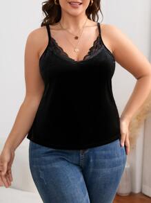 Plus Lace Trim Velvet Cami Top - Black - View 3