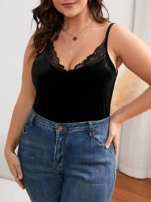 Plus Lace Trim Velvet Cami Top - Black - View 5