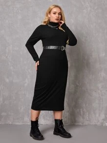 SHEIN Essnce Plus High Neck Split Hem Dress Without Belt - Black - View 4