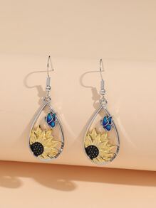 Hoa tai hình giọt nước trang trí hoa hướng dương & bướm - Bạc - Xem 1