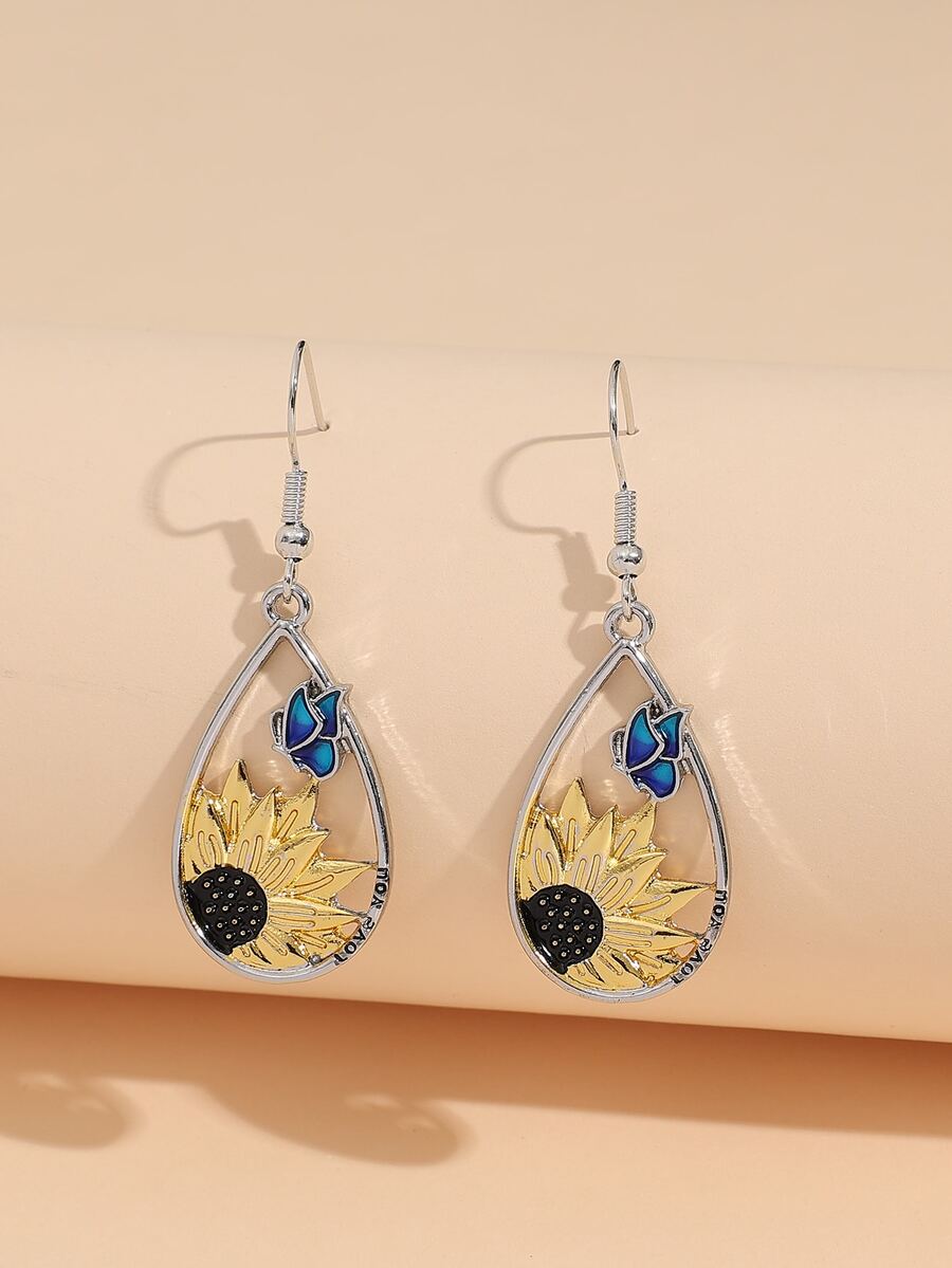 Hoa tai hình giọt nước trang trí hoa hướng dương & bướm - Bạc - Xem 1