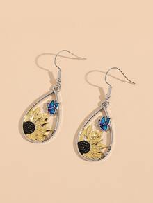 Hoa tai hình giọt nước trang trí hoa hướng dương & bướm - Bạc - Xem 2