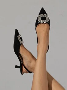 Women's Rhinestone Decor Solid Color Pointed Toe Backstrap Kitten Heel Slingback Pumps, Fashionable & Comfortable, Elegant For Party, Banquet, Evening Dress, Suitable For Autumn/Winter, Black High Heels Suitable For Commuting, Runs One Size Larger - Black - View 3