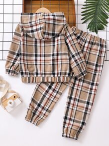 小男童格紋印花連帽衫和褲子