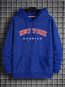 Men Letter Graphic Kangaroo Pocket Drawstring Thermal Hoodie - Royal Blue - View 1