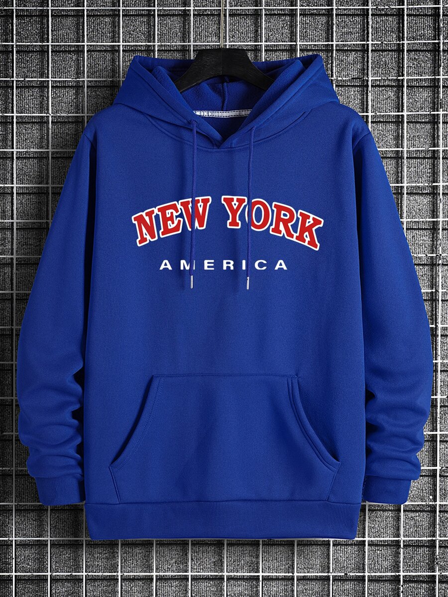 Men Letter Graphic Kangaroo Pocket Drawstring Thermal Hoodie - Royal Blue - View 1