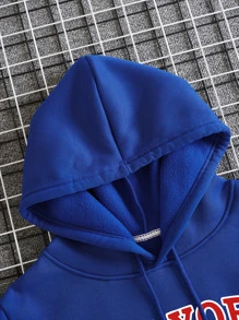 Men Letter Graphic Kangaroo Pocket Drawstring Thermal Hoodie - Royal Blue - View 4