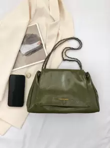 Letter Graphic Flap Shoulder Tote Bag - Olive Green - View 3