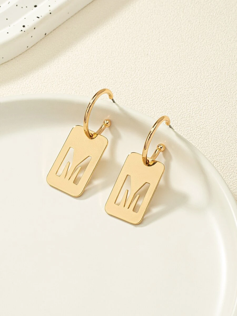 Letter Detail Geometric Drop Earrings - Yellow Gold - View 1
