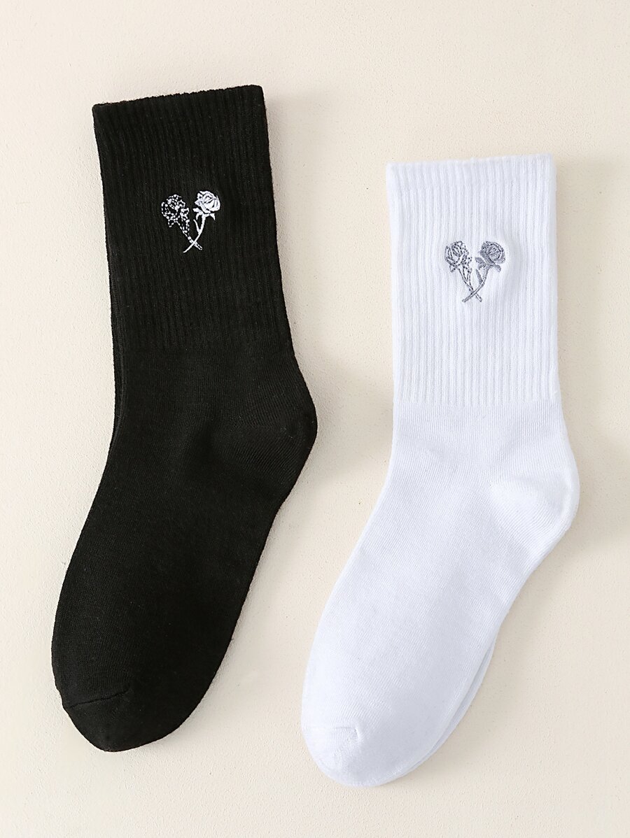 2雙男士花卉刺繡中筒襪 - 黑與白 - 查看 1