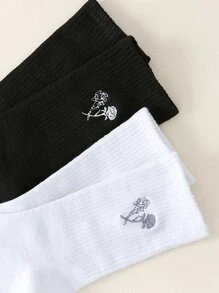 2雙男士花卉刺繡中筒襪 - 黑與白 - 查看 4