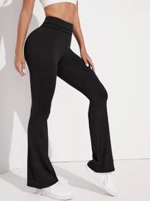 Yoga Basic Solid Flare Leg Sports Pants - Black - View 5