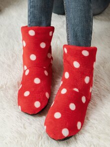 Polka Dot Fuzzy Slipper Boots - Red - View 2