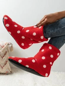 Polka Dot Fuzzy Slipper Boots - Red - View 3