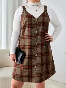 SHEIN Essnce Đầm Plus Size Nút phía trước Sọc ca rô Thanh lịch - Nhiều màu - Xem 1