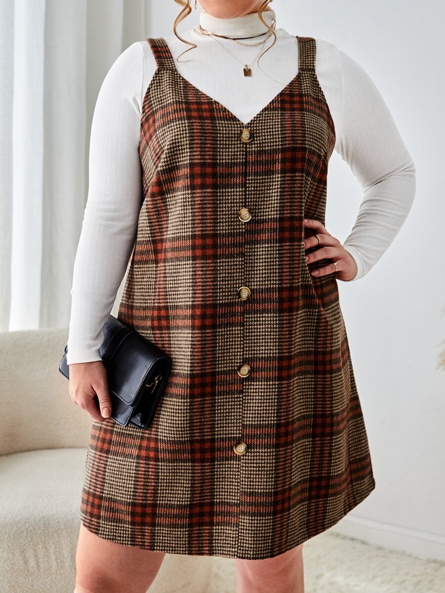 SHEIN Essnce Đầm Plus Size Nút phía trước Sọc ca rô Thanh lịch - Nhiều màu - Xem 1