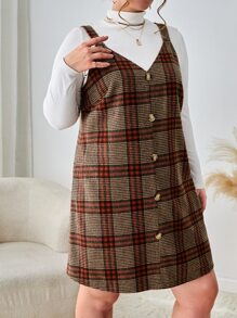 SHEIN Essnce Đầm Plus Size Nút phía trước Sọc ca rô Thanh lịch - Nhiều màu - Xem 3