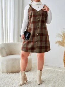 SHEIN Essnce Đầm Plus Size Nút phía trước Sọc ca rô Thanh lịch - Nhiều màu - Xem 4