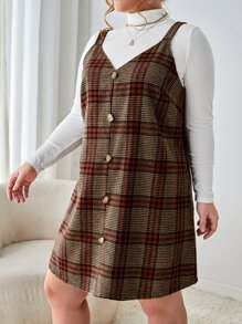 SHEIN Essnce Đầm Plus Size Nút phía trước Sọc ca rô Thanh lịch - Nhiều màu - Xem 5