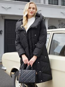 ZIAI Zip Up Hooded Belted Padded Coat - Black - View 3