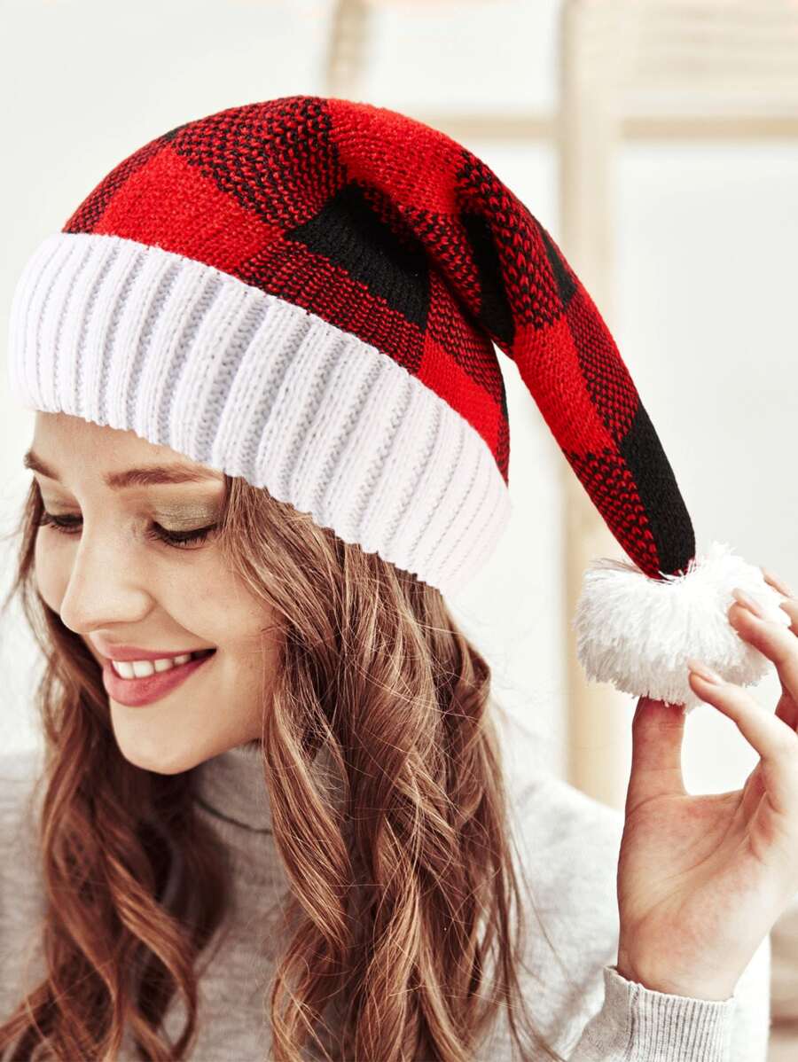 1頂女式絨毛球拼接格紋針織帽,適用於聖誕派對 - 彩色 - 查看 1