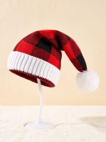 1頂女式絨毛球拼接格紋針織帽,適用於聖誕派對 - 彩色 - 查看 3