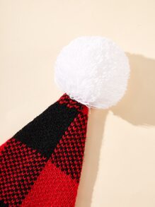 1頂女式絨毛球拼接格紋針織帽,適用於聖誕派對 - 彩色 - 查看 4