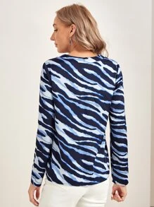 EMERY ROSE Zebra Striped V Neck Blouse - Multicolor - View 3