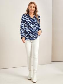EMERY ROSE Zebra Striped V Neck Blouse - Multicolor - View 4