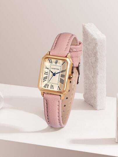 LUCKYFOX 1pc Women Pink Simple Casual Business Style Zinc Alloy Retro Quartz Watch Small Square Belt Watch Suitable For Daily Life As A Gift For Students Returning To School