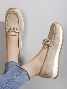 Chain Decor Slip On Shoes - Khaki - View 3